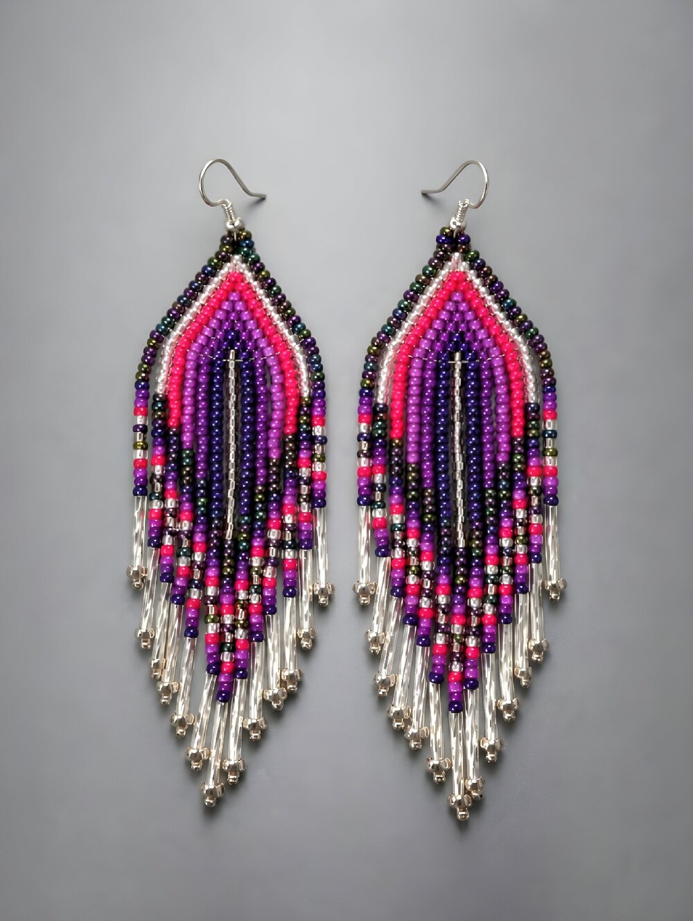 Handmade Purple Luxe Boho Southwestern Fringe Beaded Earrings